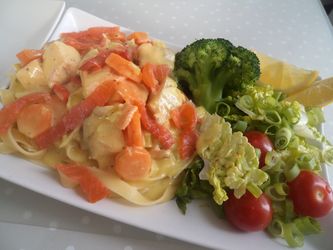 Foto her av laksepasta med vanlig båndspaghetti og røkt laks